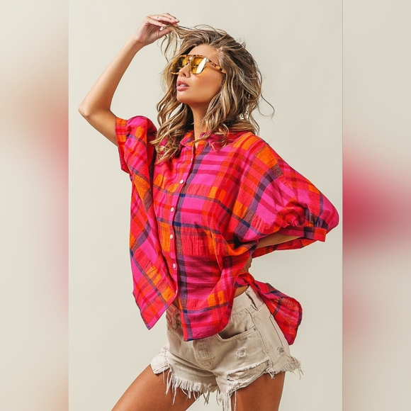 BiBi Button Up Dolman Sleeve Plaid Shirt - Picture 5 of 7